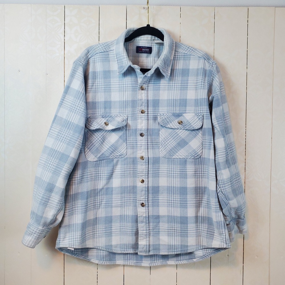Five Brother Mens Light Blue White Plaid Flannel Button Down Shirt Pockets